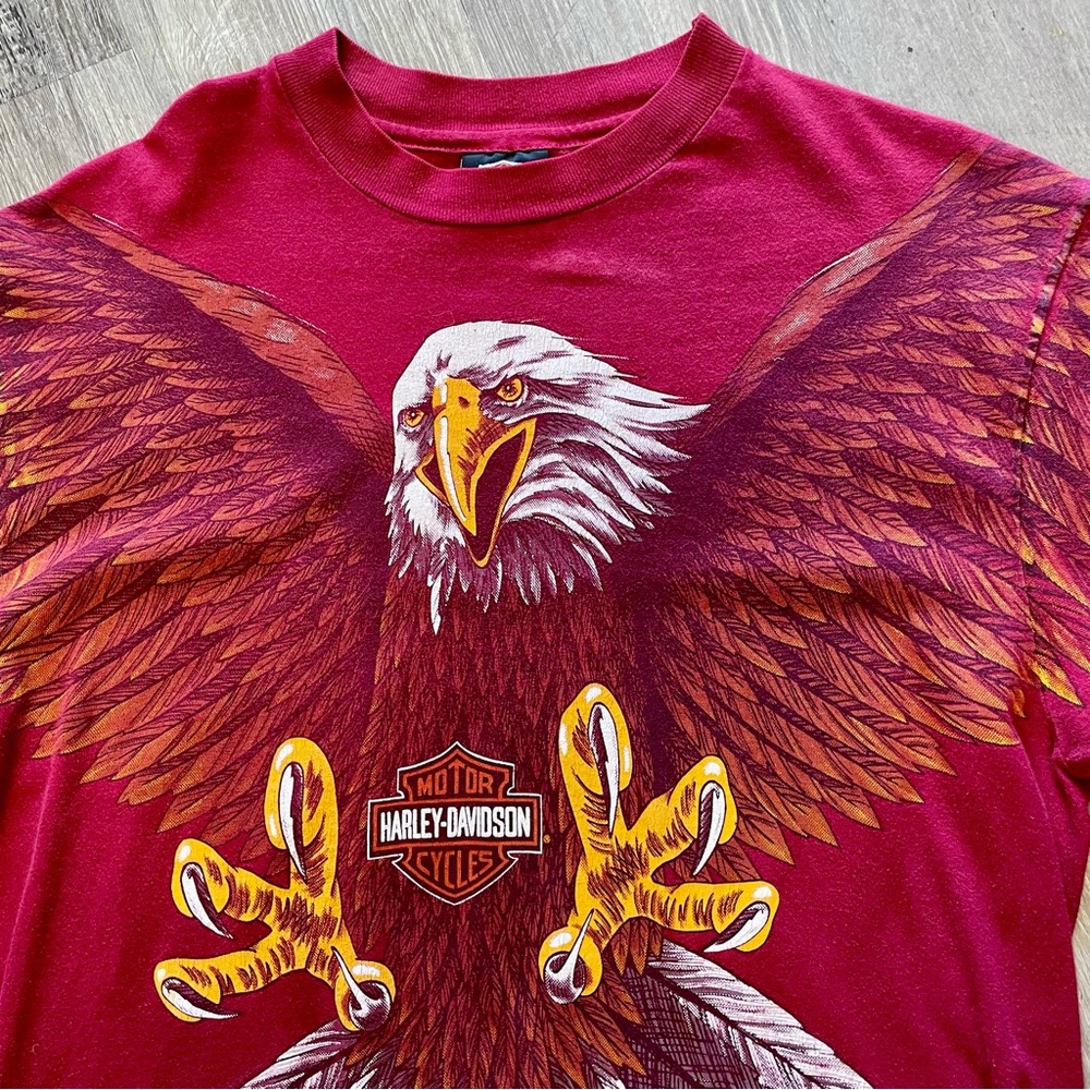 SOLD Vintage Harley Davidson Graphic T-Shirt 1993 Eagle All Over Print Maroon L - Picture 5 of 16